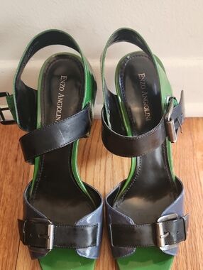 Enzo Angiolini Green and Black Patent Leather Buckle Sandals